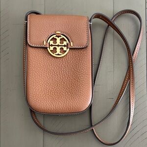 Tory Burch Tan Leather Phone Holder Bag with Gold Emblem